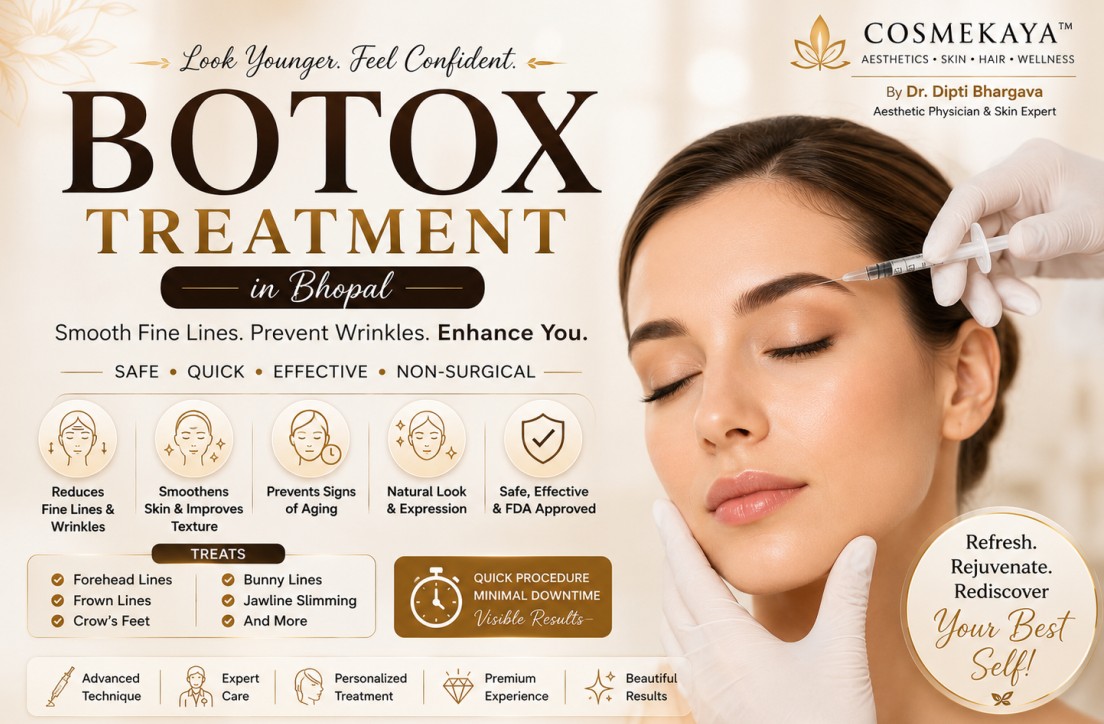 A medical doctor safely administering a precise anti-wrinkle botox treatment in bhopal at COSMEKAYA skin clinic.